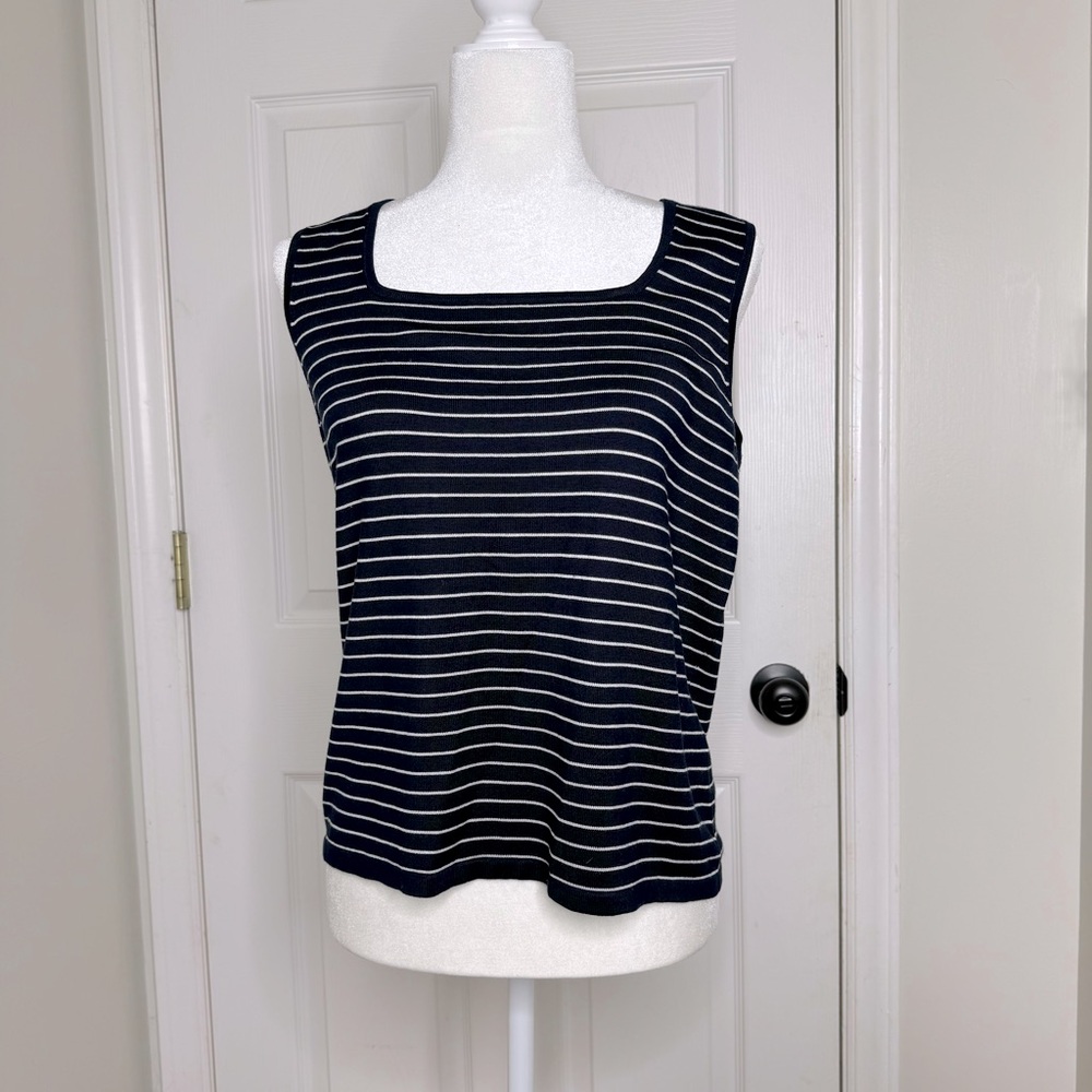 Lauren Ralph Lauren Navy With White Pinstripe Silk Blend Square Neck Tank Size L